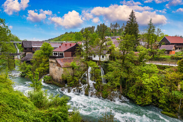 Village of Rastoke near Slunj in Croatia, old water mills on waterfalls of Korana river, beautiful...