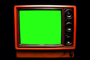 Vintage TV set, red plastic body and empty green screen, hinting at hypothetical post-apocalyptic after the bomb scenario look, adding unsettling mood to familiar mid-century design.
