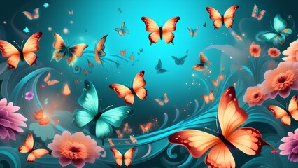 Blue floral background with colorful butterflies and flowers