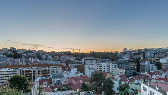 Panorama showing Jardim do Torel day to night transition timelapse, a traditional garden and viewpoint with unusual views to the city center of Lisbon. It has a terrace and a large pond. Portugal