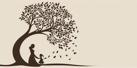 Fototapeta premium The vector image shows a mother and her daughter sitting under a tree.