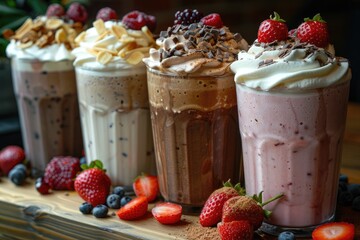 Various milkshakes with cream on a counter professional advertising food photography