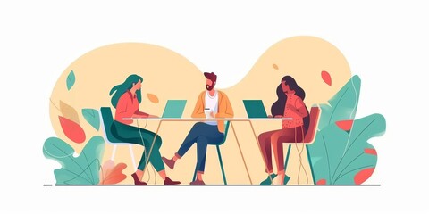 Three business people sitting at table and working on laptop.