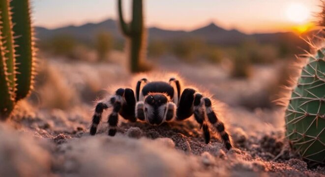 tarantula in the desert at sunset