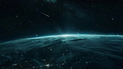 A meteor shower shines like a spotlight in the pitchblack sky illuminating the world below.