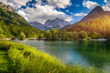 Great nature scenery in Slovenian Alps. Incredible summer landscape on Jasna lake. Triglav national...