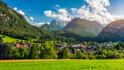 Kranjska Gora town in Slovenia at summer with beautiful nature and mountains in the background....