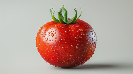 fresh, ripe, red tomato with water droplets on a light background
