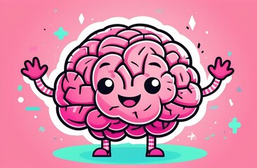 Cartoon happy brain is a healthy organ of the human body. A happy character with a smiling face on a pink background, learning concept, thought, mind, ideas, knowledge