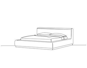 Continuous one line drawing of double bed with pillows. One line drawing illustration of bed. Interior of bedroom concept continuous line art. Editable outline.