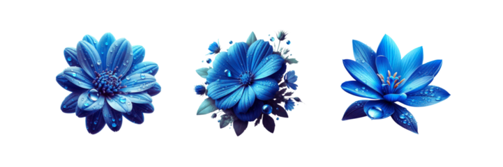 Set of three blue flower with water drop, isolated over on transparent white background