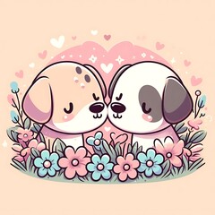 Two dogs in a flower garden realistic used for printing illustration meaning.