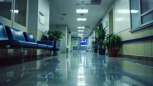 Empty corridor of the clinic. Hospital background. Medical pattern, healthcare concept. No people. Med office. Waiting room for patients.