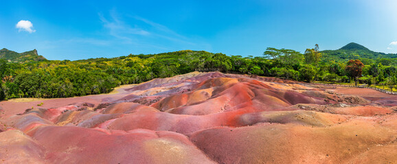 Chamarel Seven Colored Earth Geopark in Mauritius Island. Colorful panoramic landscape about this...