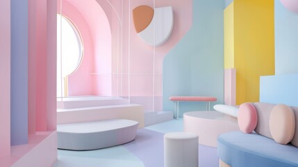A colorful room with a pink chair and a blue couch