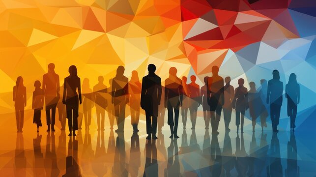 Diverse Group of People Silhouettes Standing Together With Abstract Geometric Background