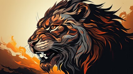 Vector Graphic Design of Lion Face Tattoo with Fiery Artistic Flames