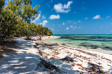 Ile aux Cerfs island with idyllic beach scene, aquamarine sea and soft sand, Ile aux Cerfs,...