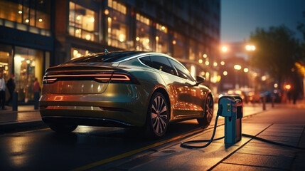 Fototapeta premium Man Charging Electric Vehicle On City Street At Night