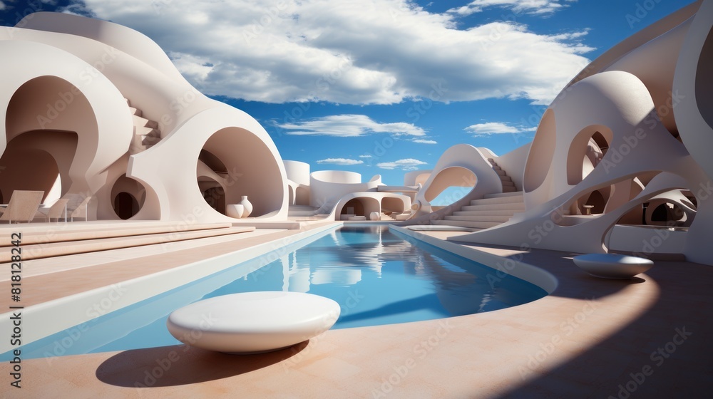 Poster Minimal And Surreal Architecture Featuring Futuristic Design With A Modern Pool
