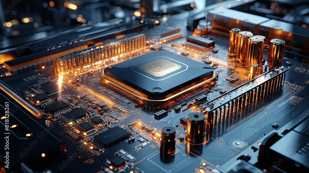 Poster modern high-tech motherboard with microchip and circuits illuminated by orange lights