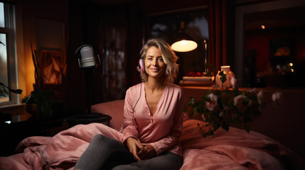 Obraz premium Mature Woman Live Streaming and Vlogging from Home in Cozy Setting