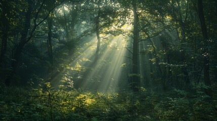 Obraz premium The sun is shining through the trees, casting a warm glow on the forest floor