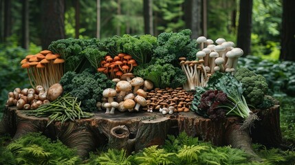 In a forest setting, a variety of foraged and cultivated vegetables like mushrooms, asparagus, and kale are arranged on a tree stump.  - Powered by Adobe