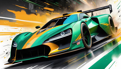 Exciting racing track with light green and yellow sports car 