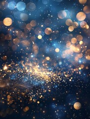 Obraz na płótnie Canvas abstract blue and gold background with particles. golden light sparkle and star shape on dark endless space wallpaper. Christmas theme. Shiny texture, galaxy concept - generative ai