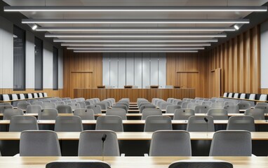 Modern courtroom interior with rows of wooden desks and grey chairs.