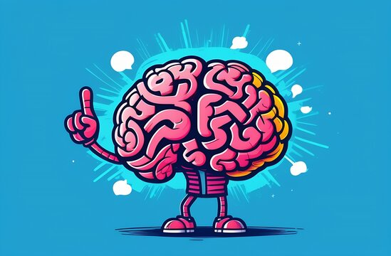 The cartoon pink brain raises its index finger, gives advice, an interesting idea has appeared, a thought. A healthy organ of the human body on a blue background