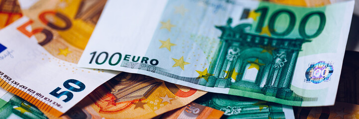 Euro money, Euro cash background. Banknotes of the european union. Euro cash. Many Euro banknotes...