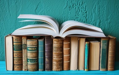 Open book on a stack of books against a teal background.