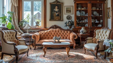 photograph of Vintage Aesthetic: An elegantly styled vintage living room with antique furniture and classic decor. The warm, nostalgic atmosphere captures the charm and elegance of a bygone era.