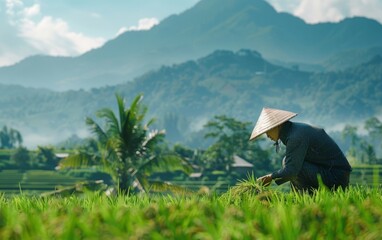 Person in conical hat tending rice paddies with mountains backdrop.