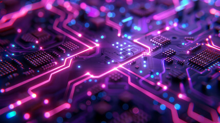 Obraz premium Close-up of a colorful microchip circuit board with glowing neon pathways and electronic components