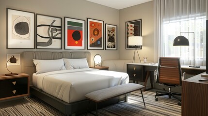 Fototapeta premium A well-lit hotel room features a comfy bed, stylish desk, modern artworks on the walls, and warm ambient lighting.