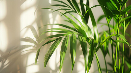 green palm leaf with shadow on white concrete wall.