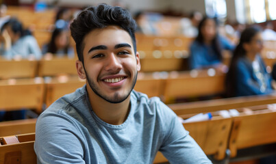 Obraz premium A Latino student, with a smile on his face, takes his seat in a university lecture hall.