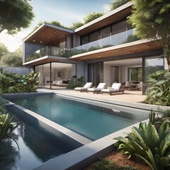 Fototapeta premium exterior design, beautiful 2-storey house, modern architectural style, high-quality exterior design, swimming pool, vegetation, concrete,