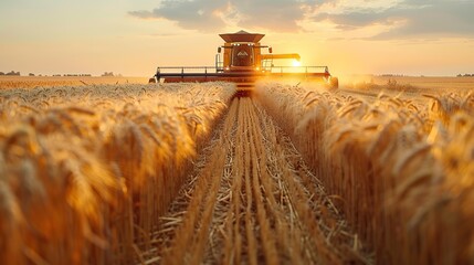 A farmer driving a combine harvester through a wheat field.