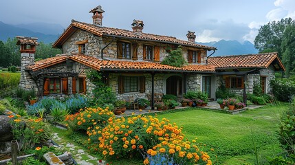 A picturesque farmhouse with a garden and blooming flowers.