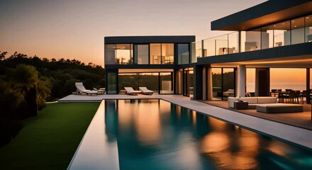 exterior of modern minimalistic coastal cubic villa with swimming pool at sunset