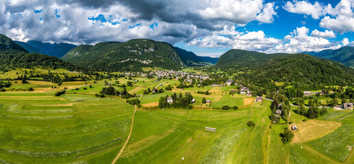 Aerial view of Stara fuzina village in Slovenia in Julian Alps. Popular touristic destination in...