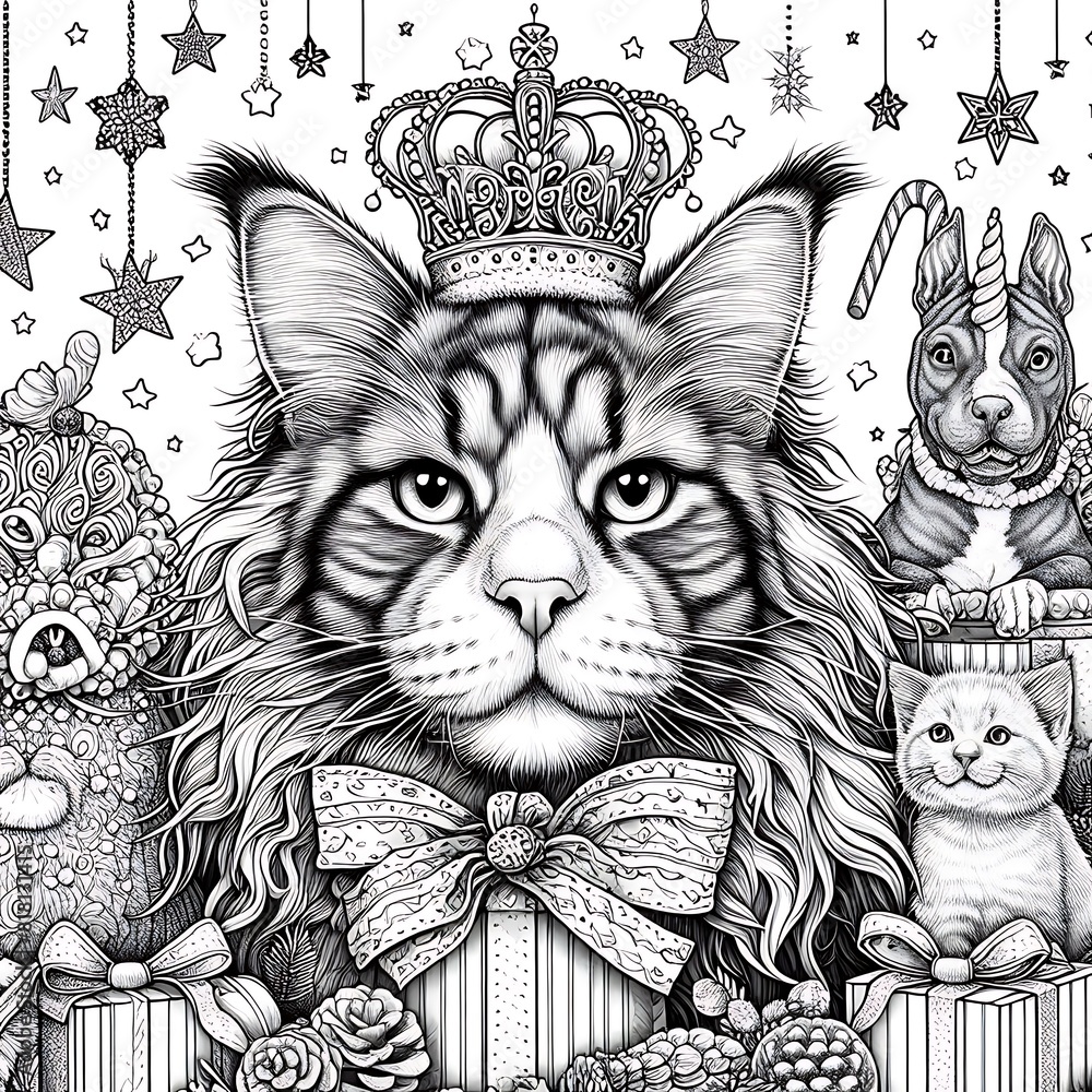 Wall mural A cat with a crown and a dog and a unicorn attractive realistic art meaning