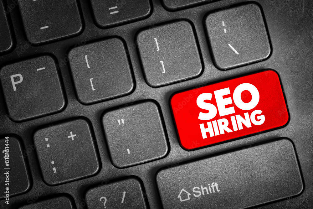 Poster seo hiring text button on keyboard, concept background