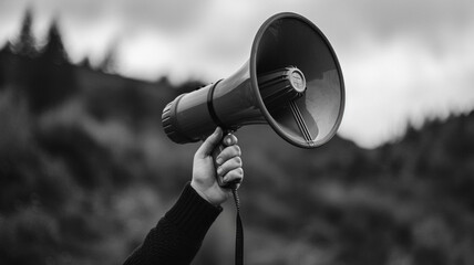A hand holding a megaphone in the city