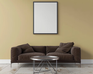 Single blank frame, light mustard wall, chocolate brown sofa, contemporary metal table; high-definition 3D.