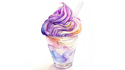 Colorful watercolor painting of a glass of ice cream sundea
